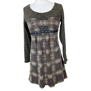 Vsign Italian Design LS Scoop Neck Plaid Brown Wool Blend Sweater Dress Small